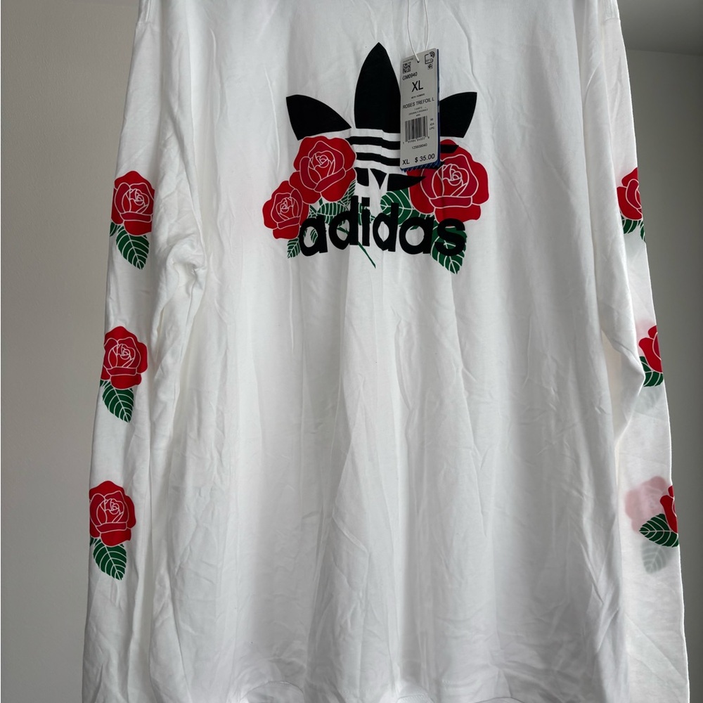 Adidas White Tee with Red Rose Graphic